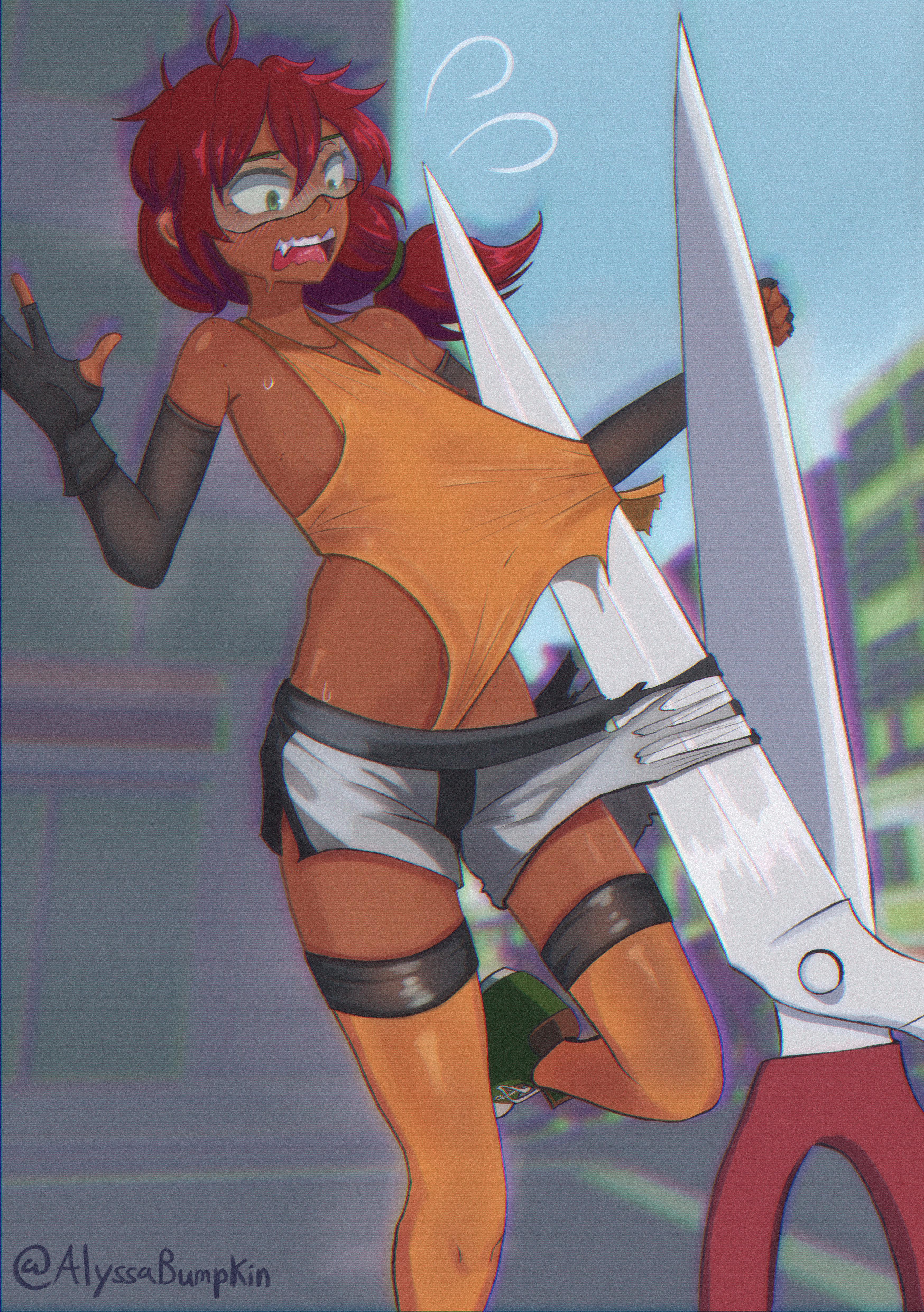 Getting her clothes cut by a large pair of scissors (EmbarrassedHentai Anime GIF)