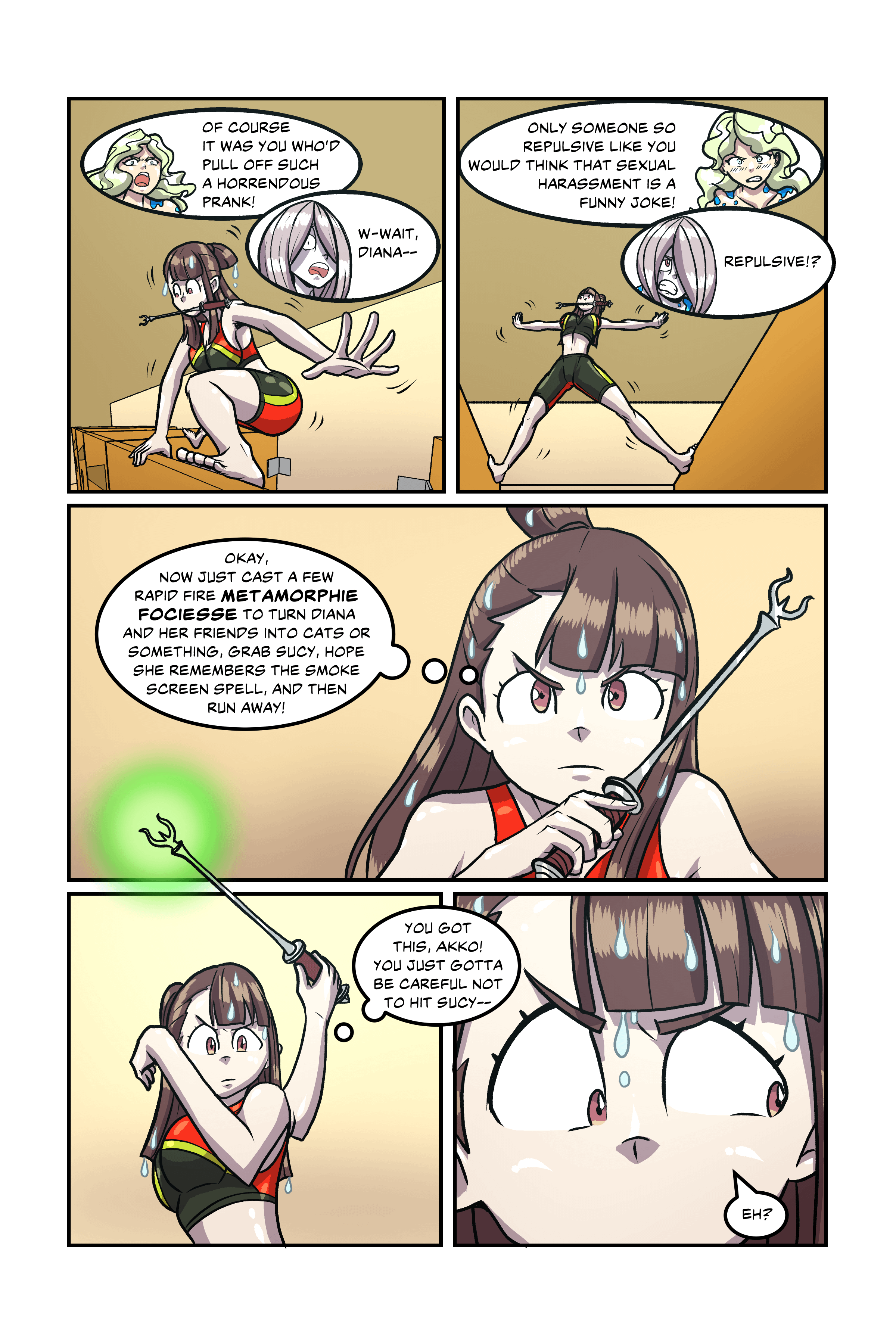Akko Kagari, Sucy Manbavaran, Diana Cavendish and the blue team in LWA: Bathroom Incident Pages 67-77 [Little Witch Academia] - Little Witch Academia
