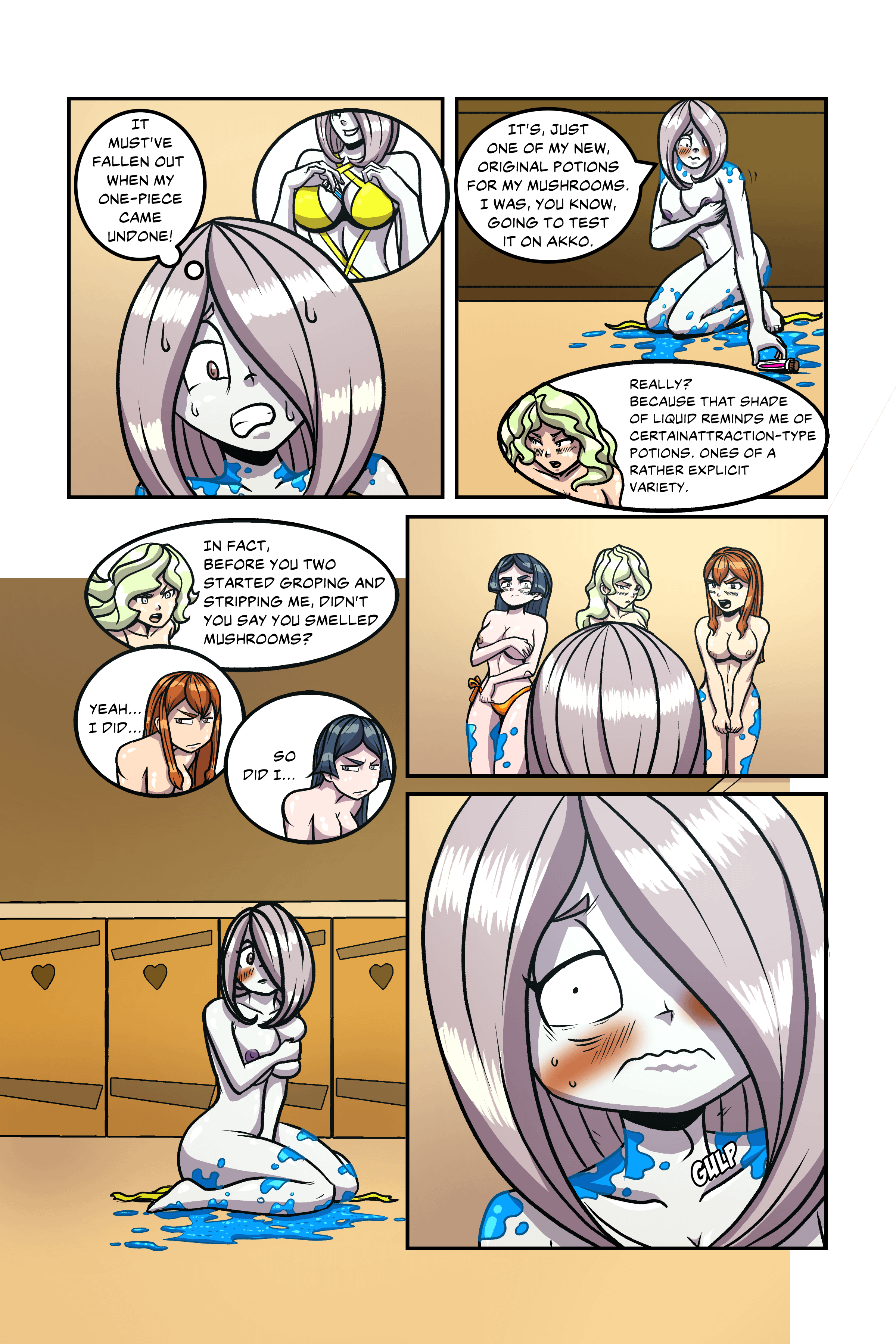 Akko Kagari, Sucy Manbavaran, Diana Cavendish and the blue team in LWA: Bathroom Incident Pages 67-77 [Little Witch Academia] - Little Witch Academia