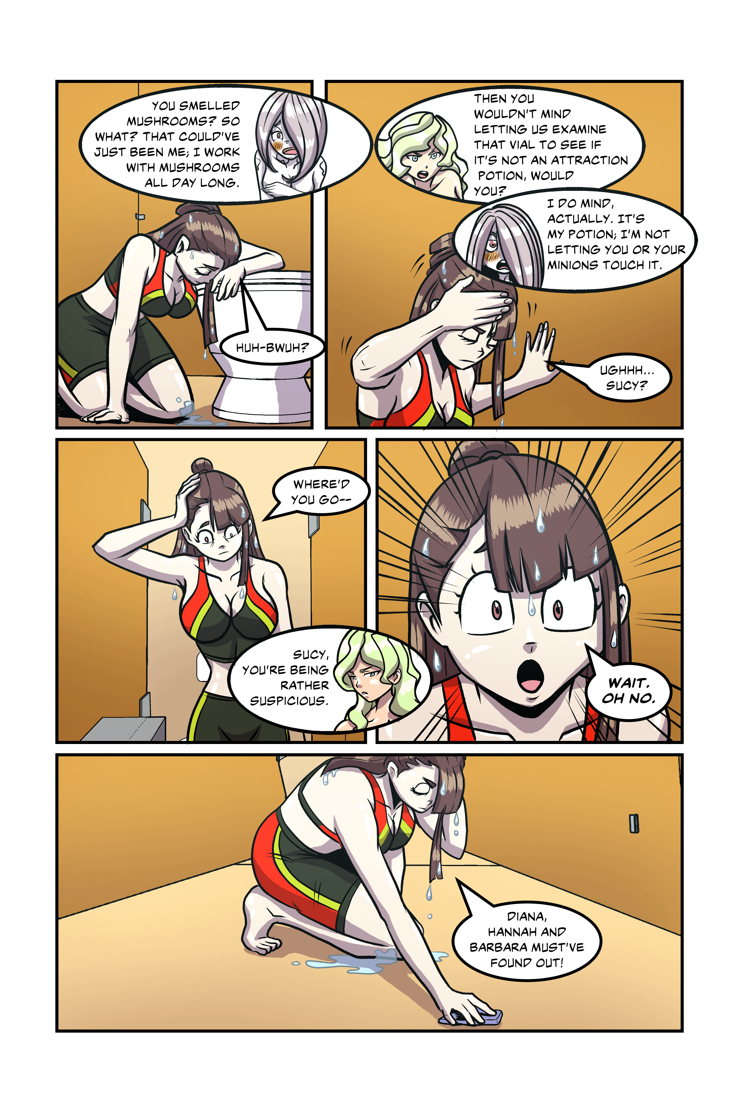 Akko Kagari, Sucy Manbavaran, Diana Cavendish and the blue team in LWA: Bathroom Incident Pages 67-77 [Little Witch Academia] - Little Witch Academia
