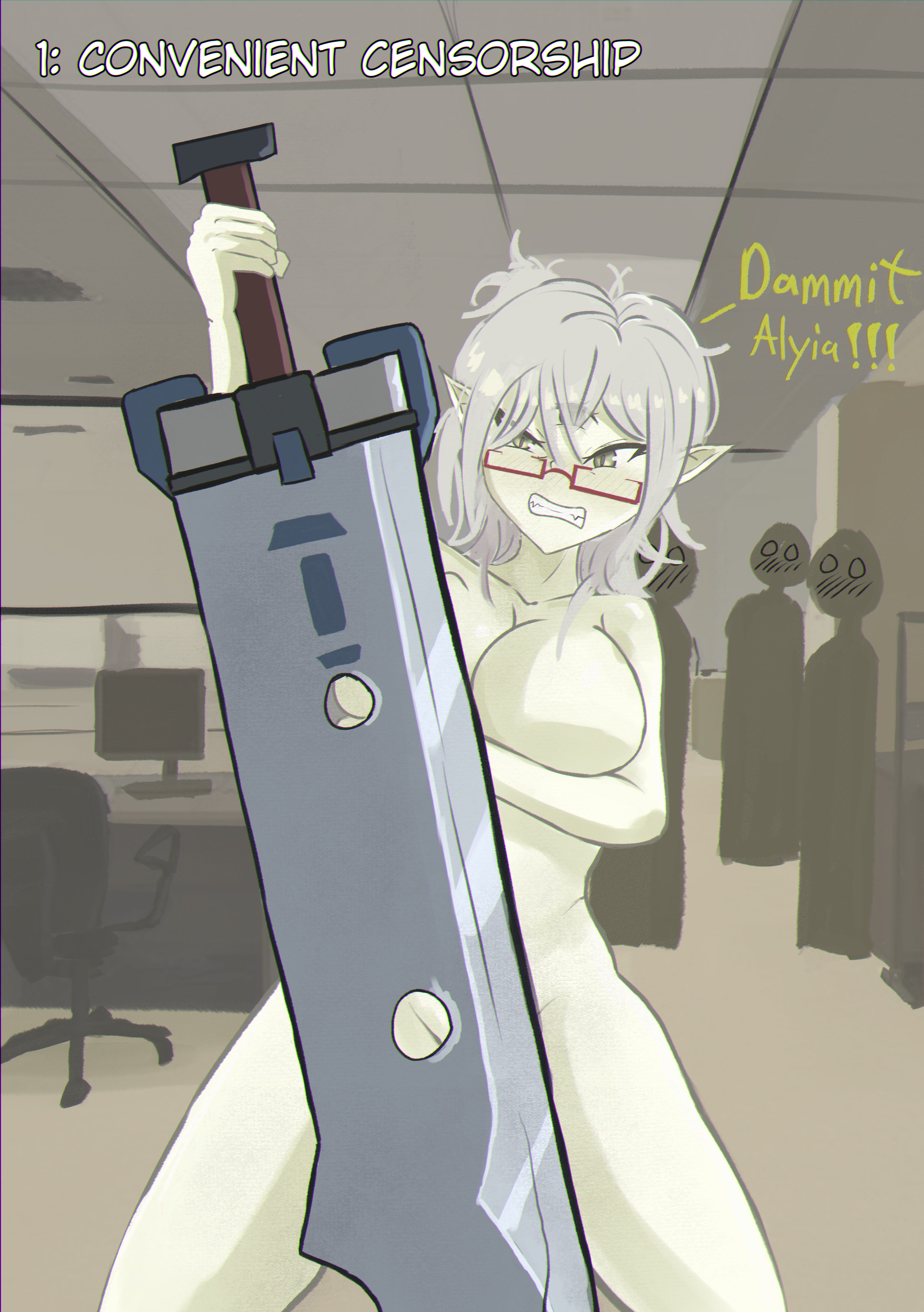 Using a big sword to cover herself up (EmbarrassedHentai Anime GIF)