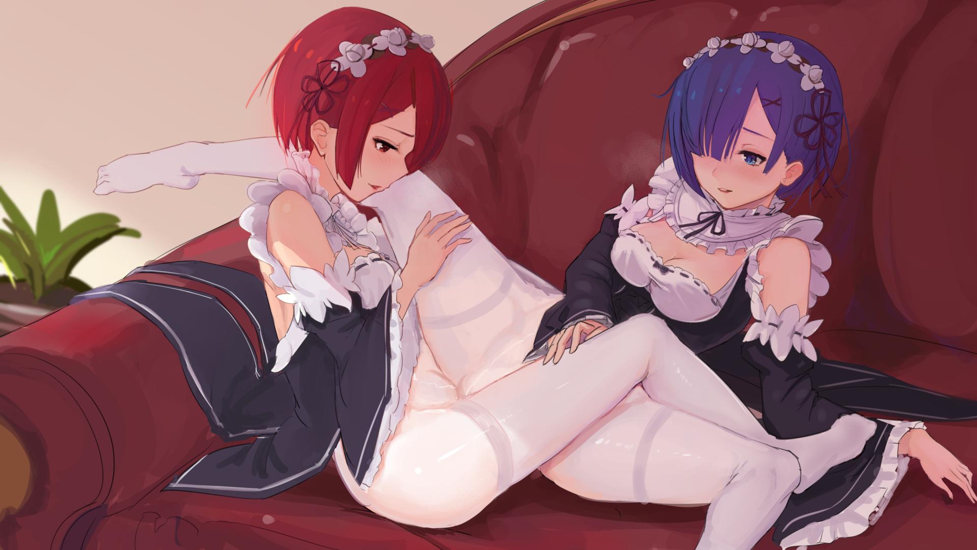 Rem and Ram helping each other masturbate~ (MasturbationHentai Anime GIF)