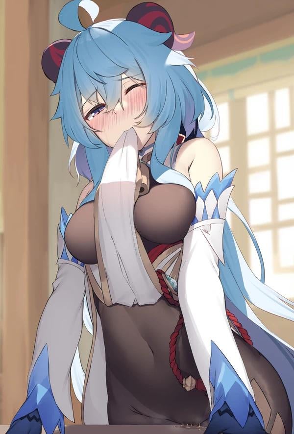Ganyu masturbating with the table (MasturbationHentai Anime GIF)