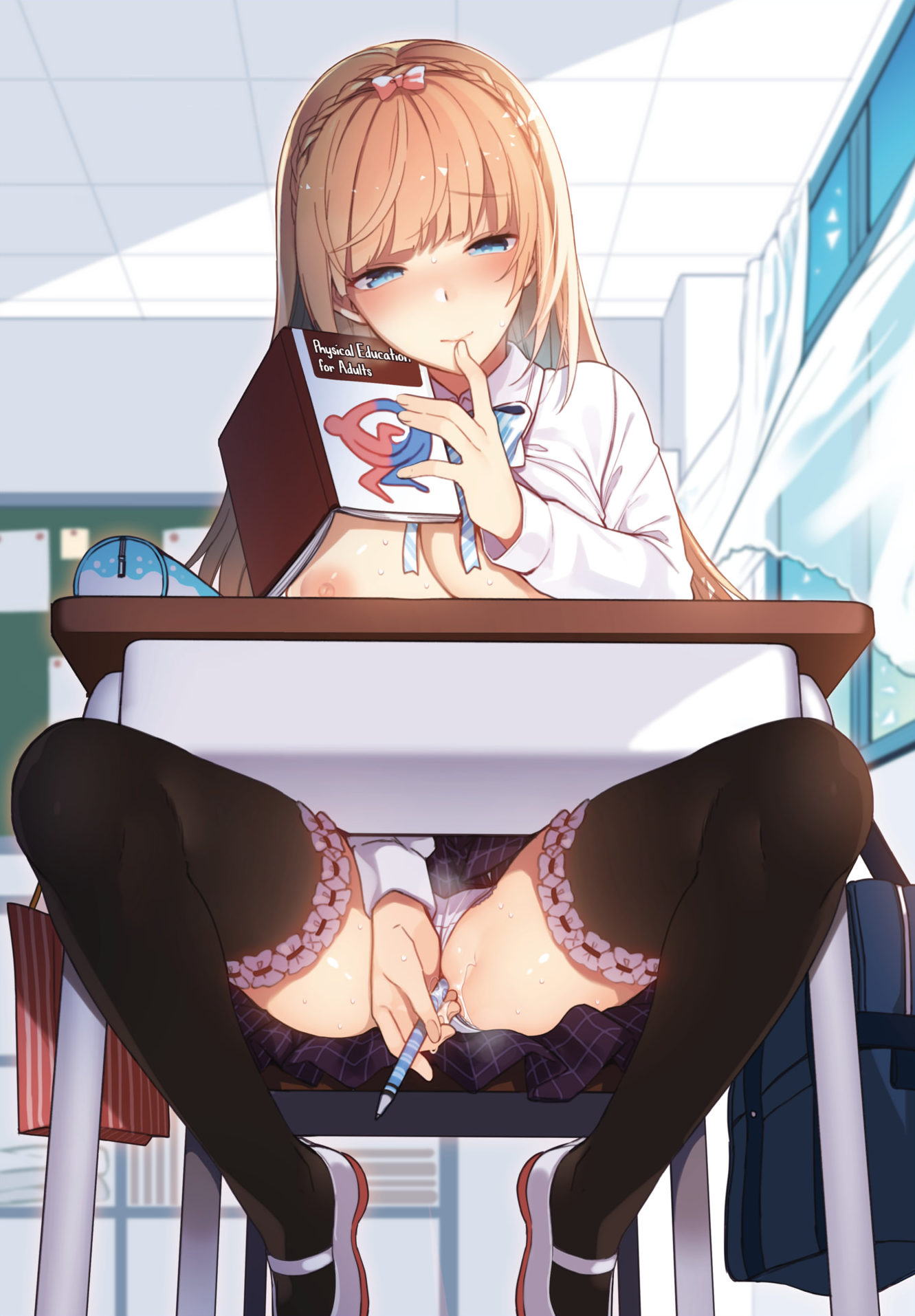 POV, you check if the girl behind you still needs your pen that you borrowed her (MasturbationHentai Anime GIF)