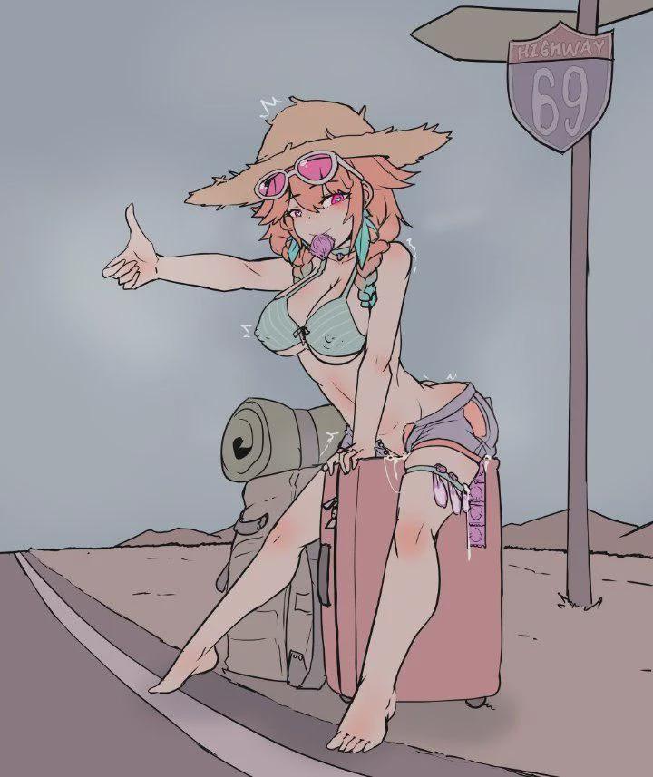 Sometimes a hitchhiker just needs a ride :3 They pay pretty well too :3 (Public Hentai Anime GIF)