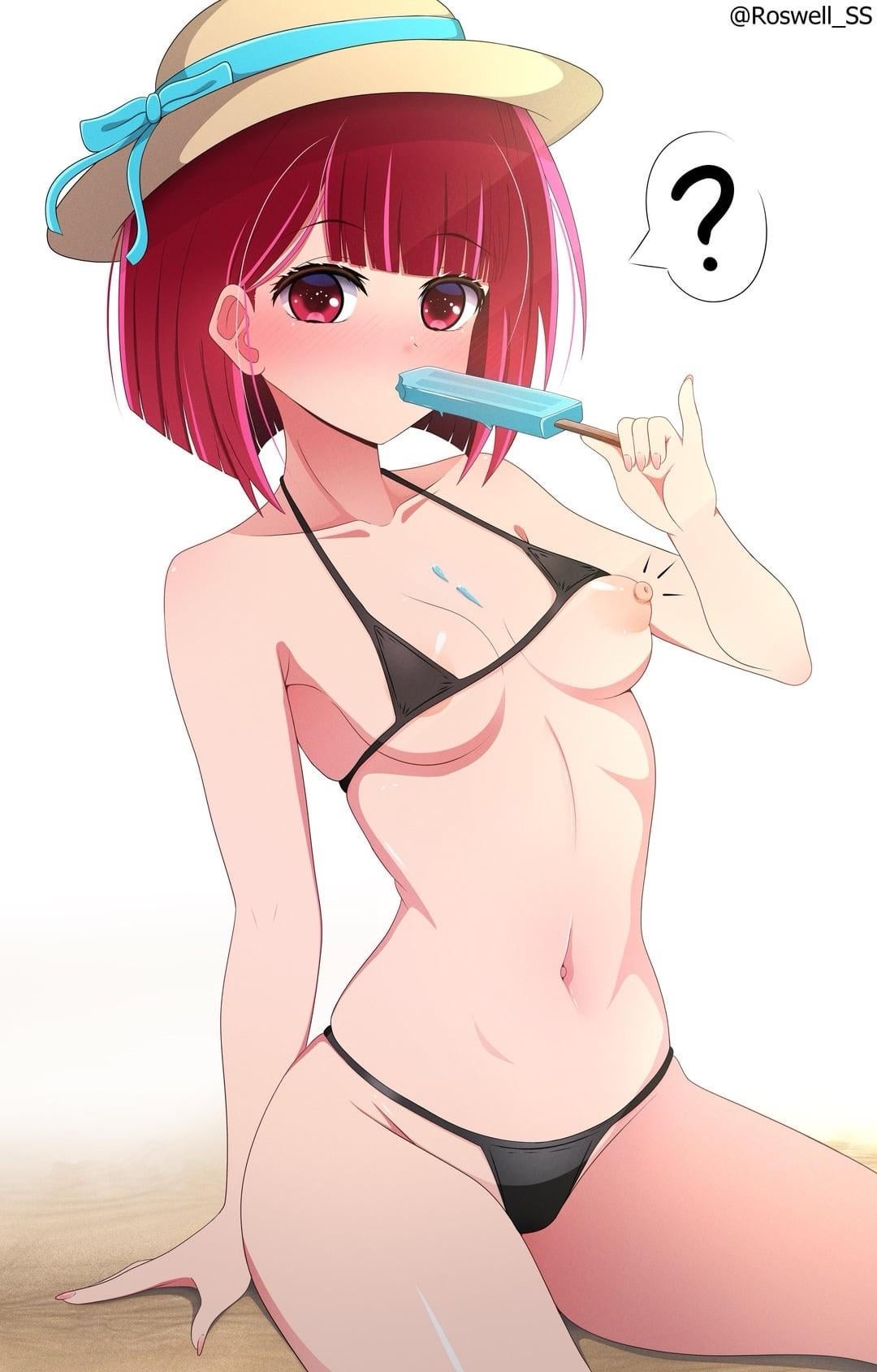 Would you tell me everyone can see my nipple? or let them stare? (Public Hentai Anime GIF)