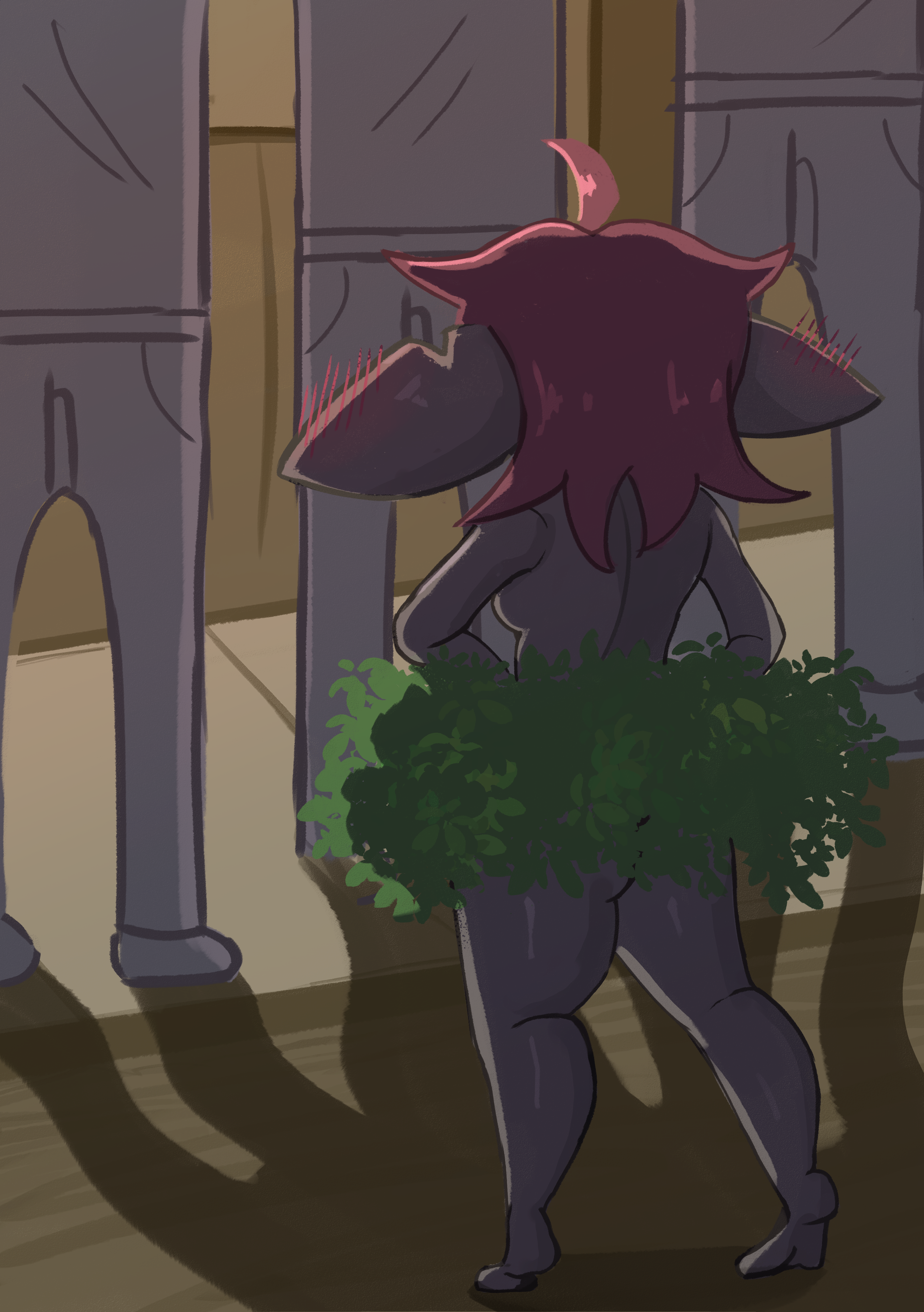 Goblin girl using a bush to cover herself up on a crowded street (Public Hentai Anime GIF)