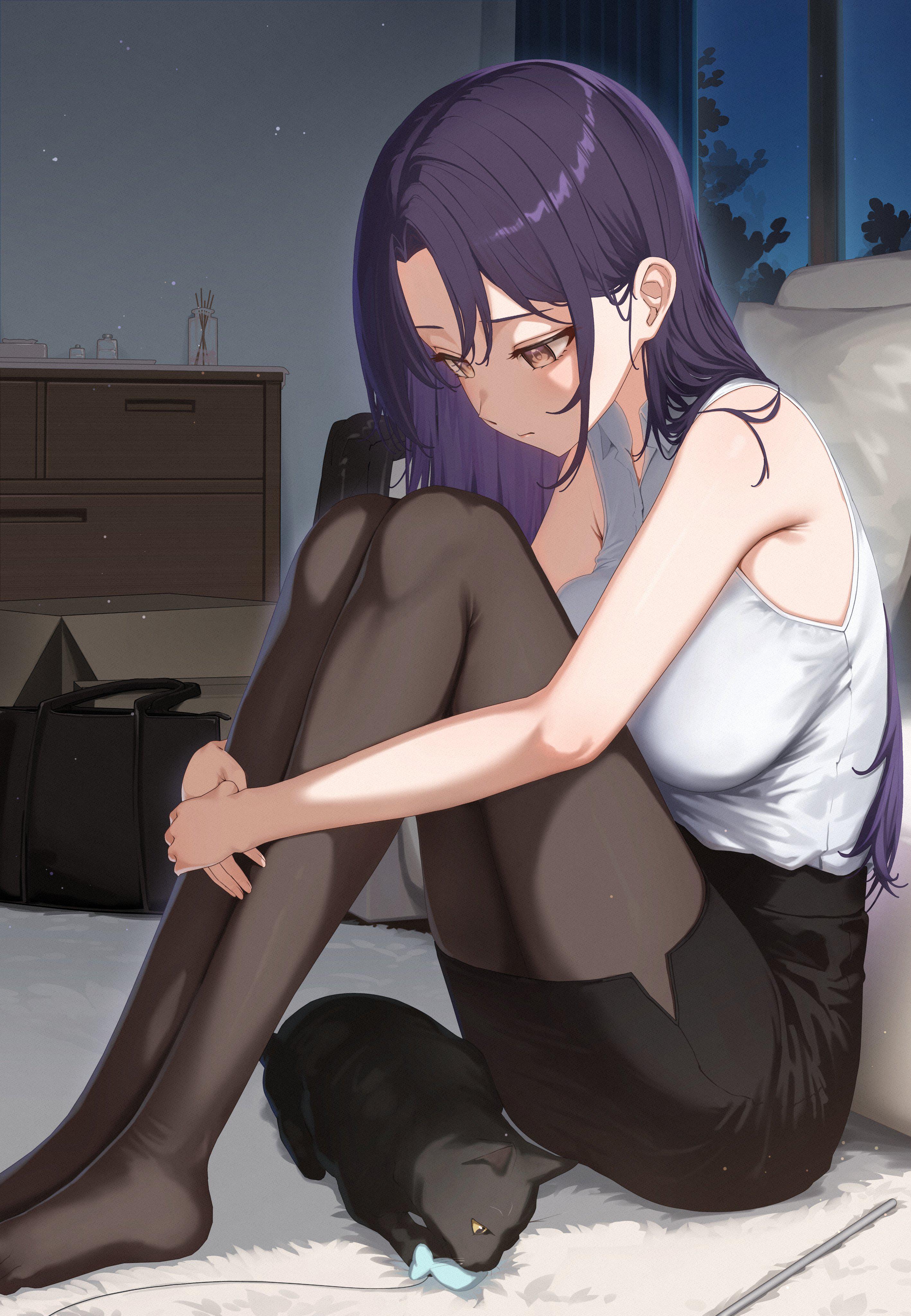 Alone with her Cat [Artist's Original] - Artist's Original