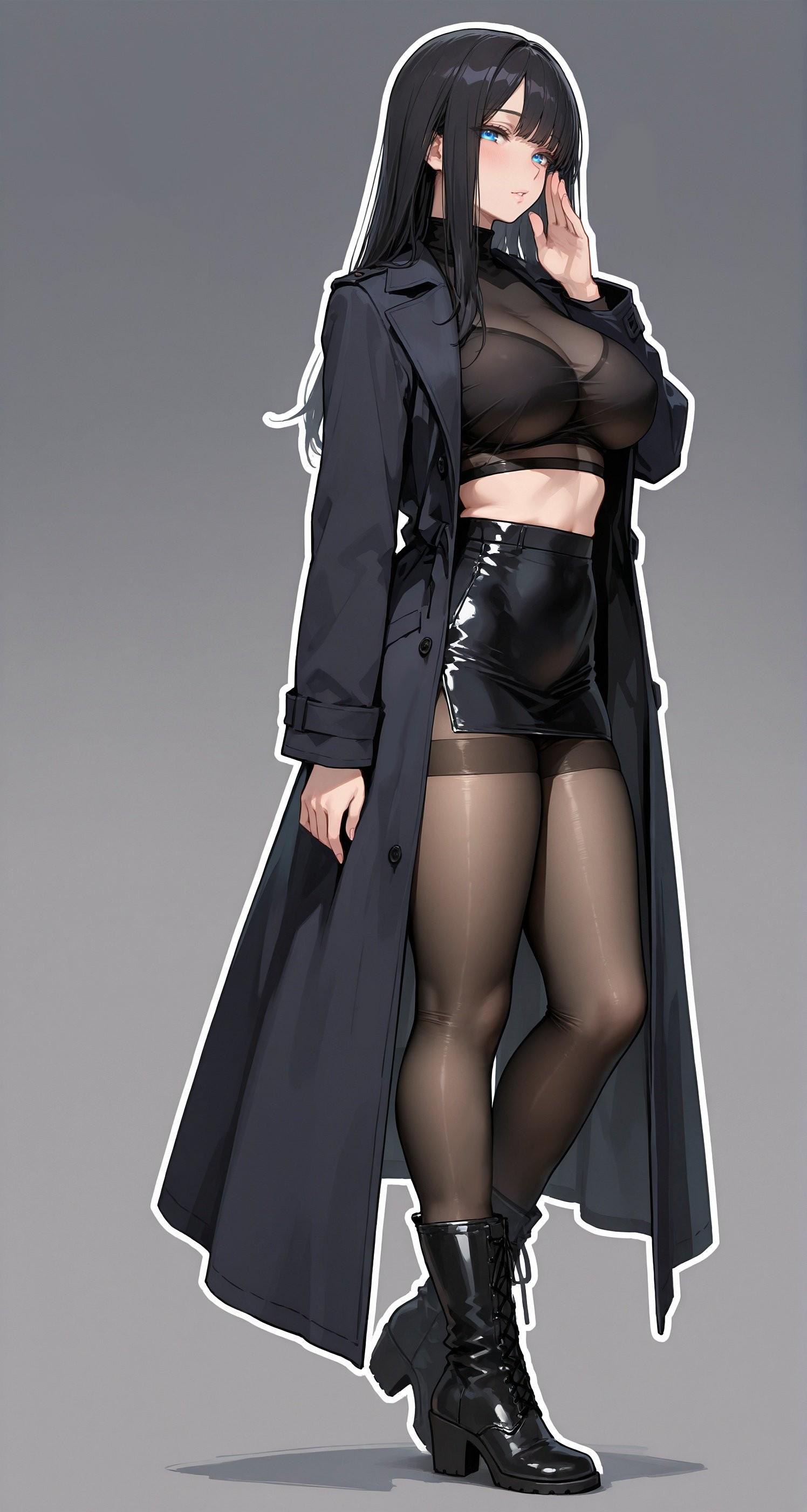 Full Black Outfit underneath her Coat (animelegs Anime GIF)