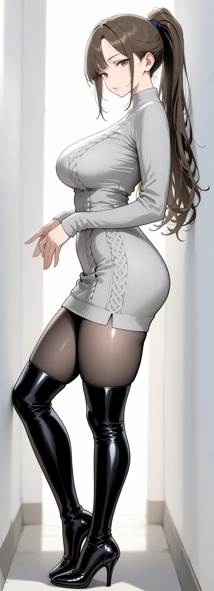 Grey Knitwear & Thigh Boots (animelegs Anime GIF)