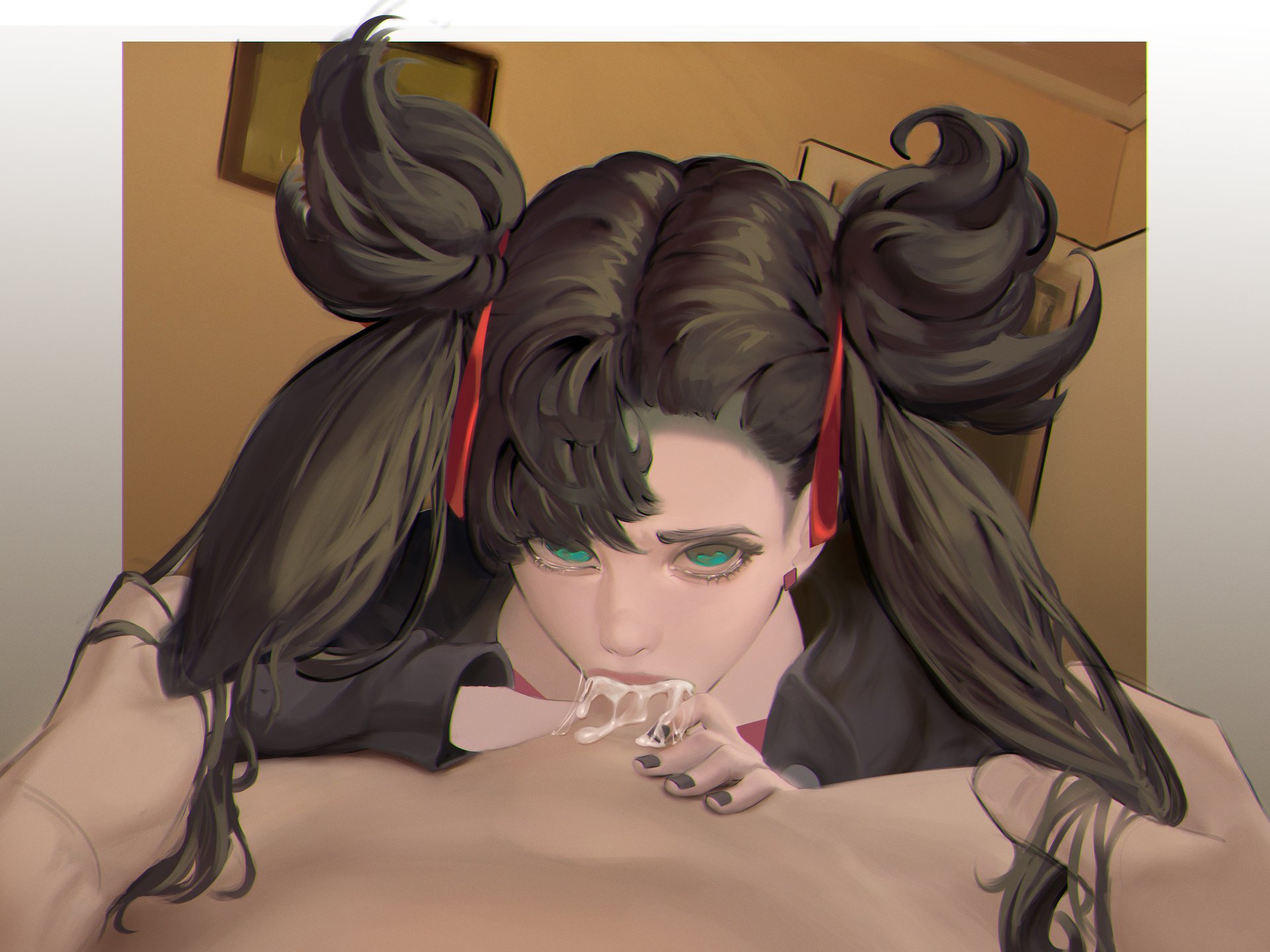 Using her pigtails to pull her down further. (OralHentai Anime GIF)