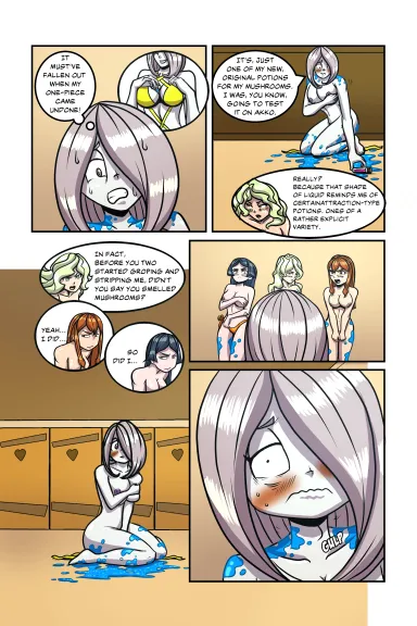 Akko Kagari, Sucy Manbavaran, Diana Cavendish and the blue team in LWA: Bathroom Incident Pages 67-77 [Little Witch Academia] - Little Witch Academia