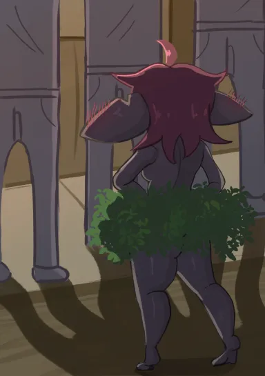 Goblin girl using a bush to cover herself up on a crowded street (Embarrassed Hentai Anime GIF)